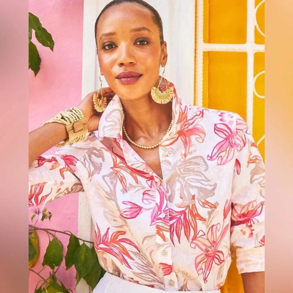 NWOT Chico’s Linen Floral Blouse 1.5 US 10 Multicolor Button Up Shirt Summer - Picture 2 of 10